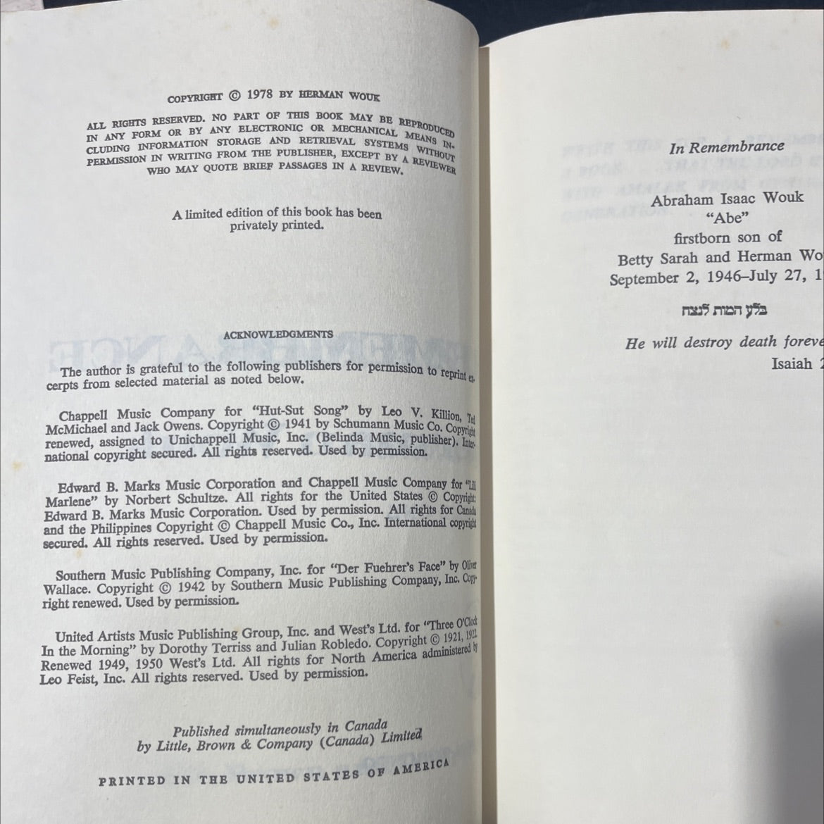 war and remembrance book, by herman wouk, 1978 Hardcover image 3