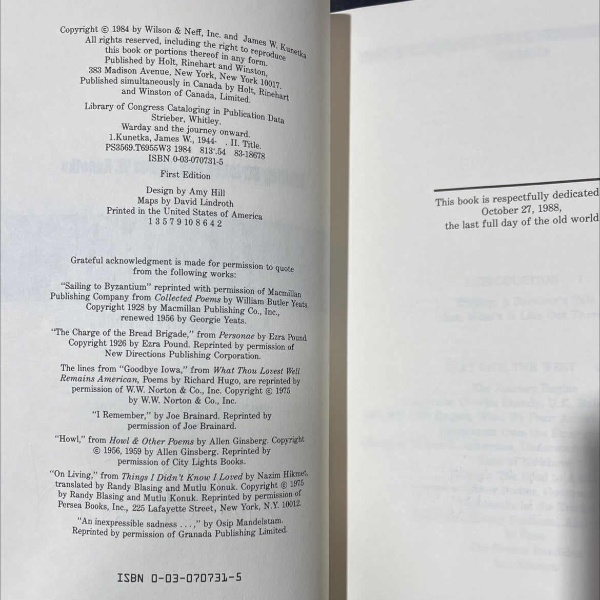 SIGNED warday and the journey onward book, by Whitley Strieber and James W. Kunetka, 1984 Hardcover, First Edition image 3