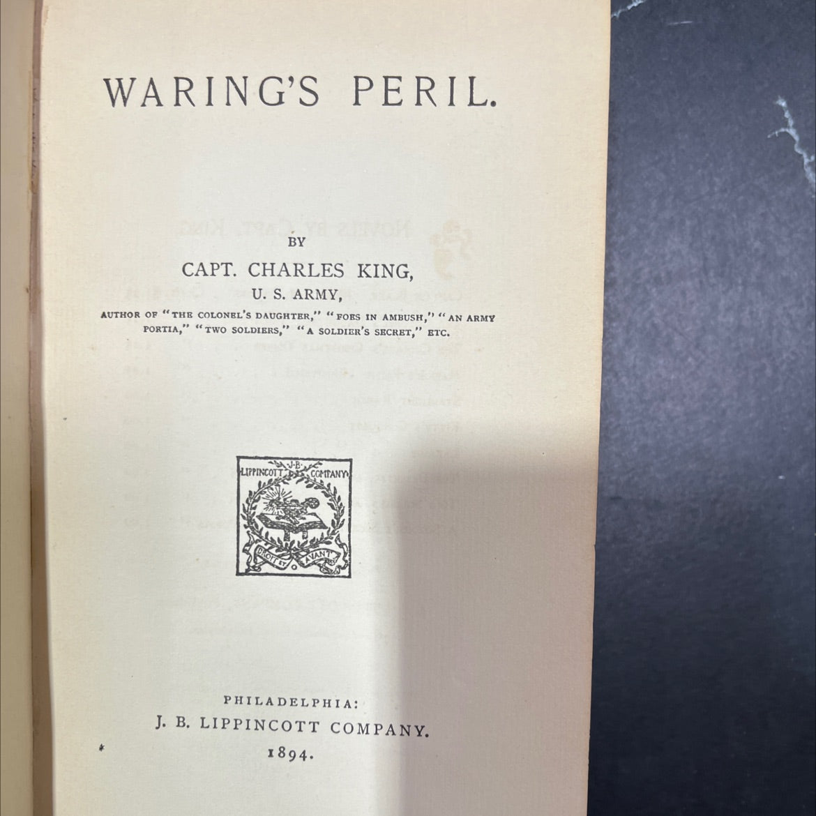 waring's peril book, by capt. charles king, 1894 Hardcover image 2