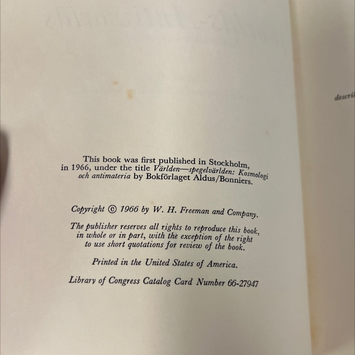 worlds-antiworlds antimatter in cosmology book, by Hannes Alfvén, 1966 Hardcover image 3