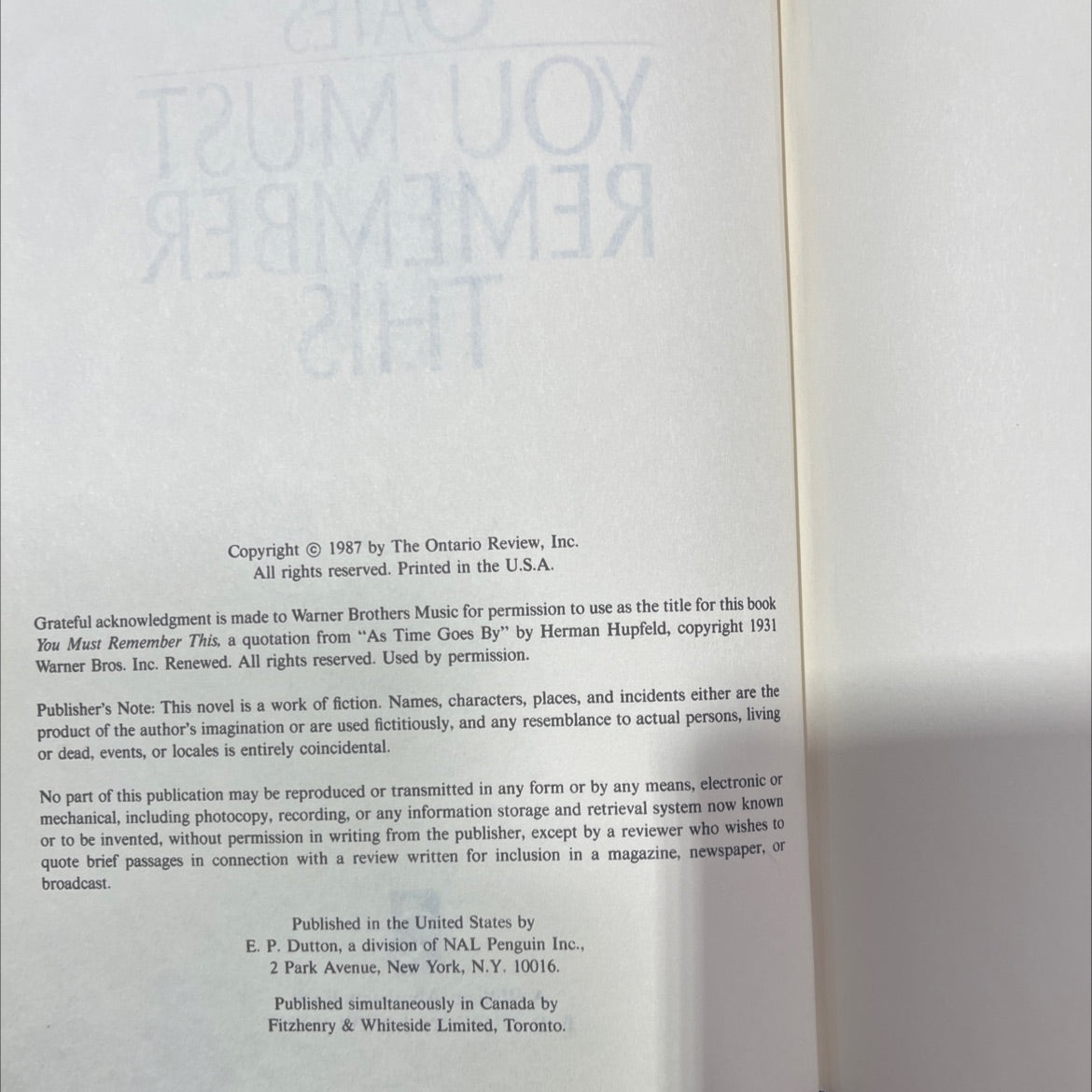 you must remember this book, by joyce carol oates, 1987 Hardcover image 3